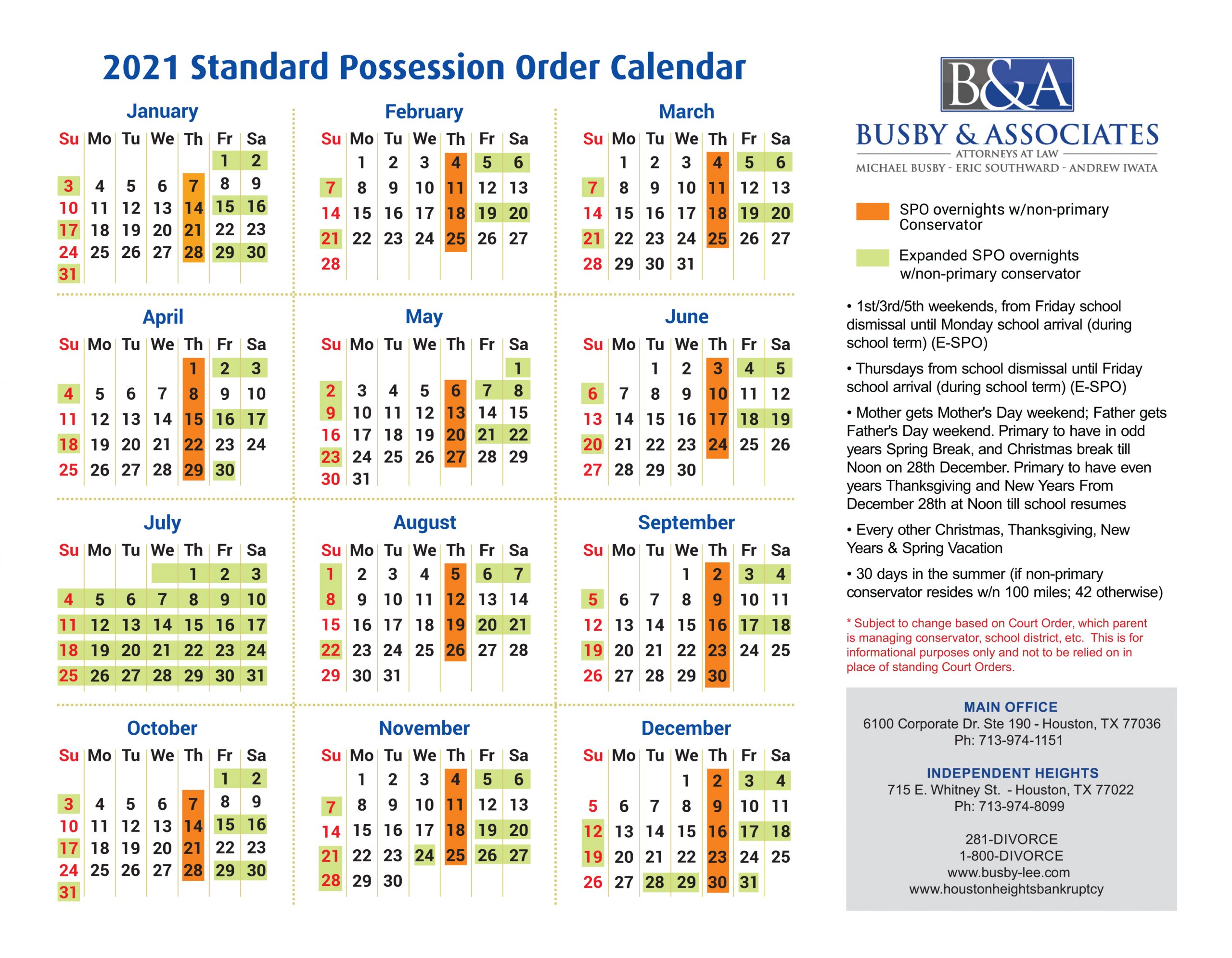 Texas Standard Visitation Calendar 2022 2021 Standard Possession Order - Houston Divorce Lawyer