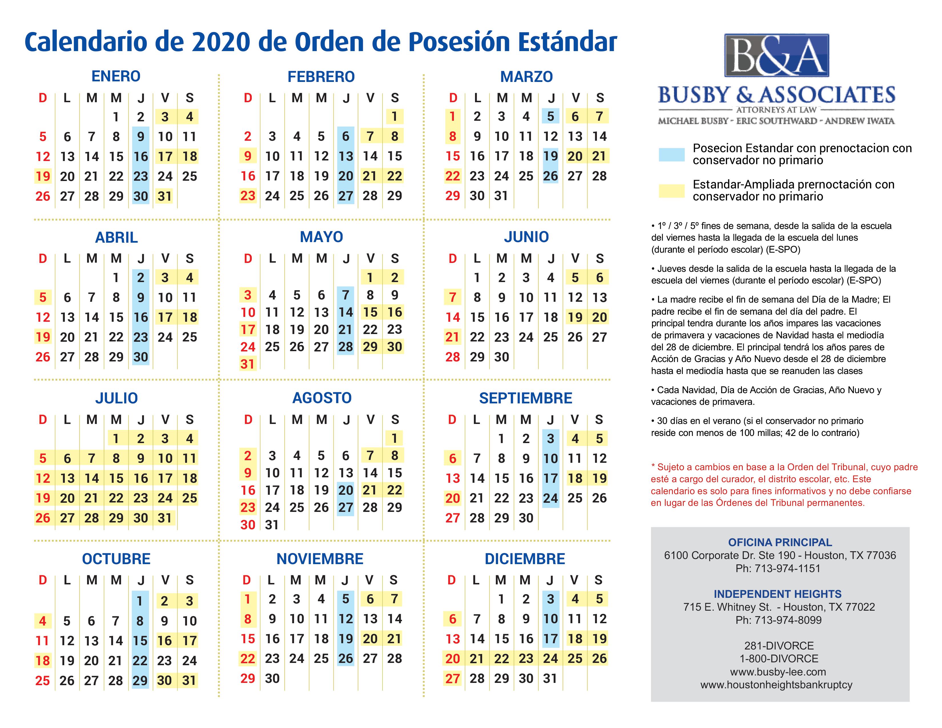 Ordenes de Custodia y Visitas calendario 2020 Divorcios en Houston