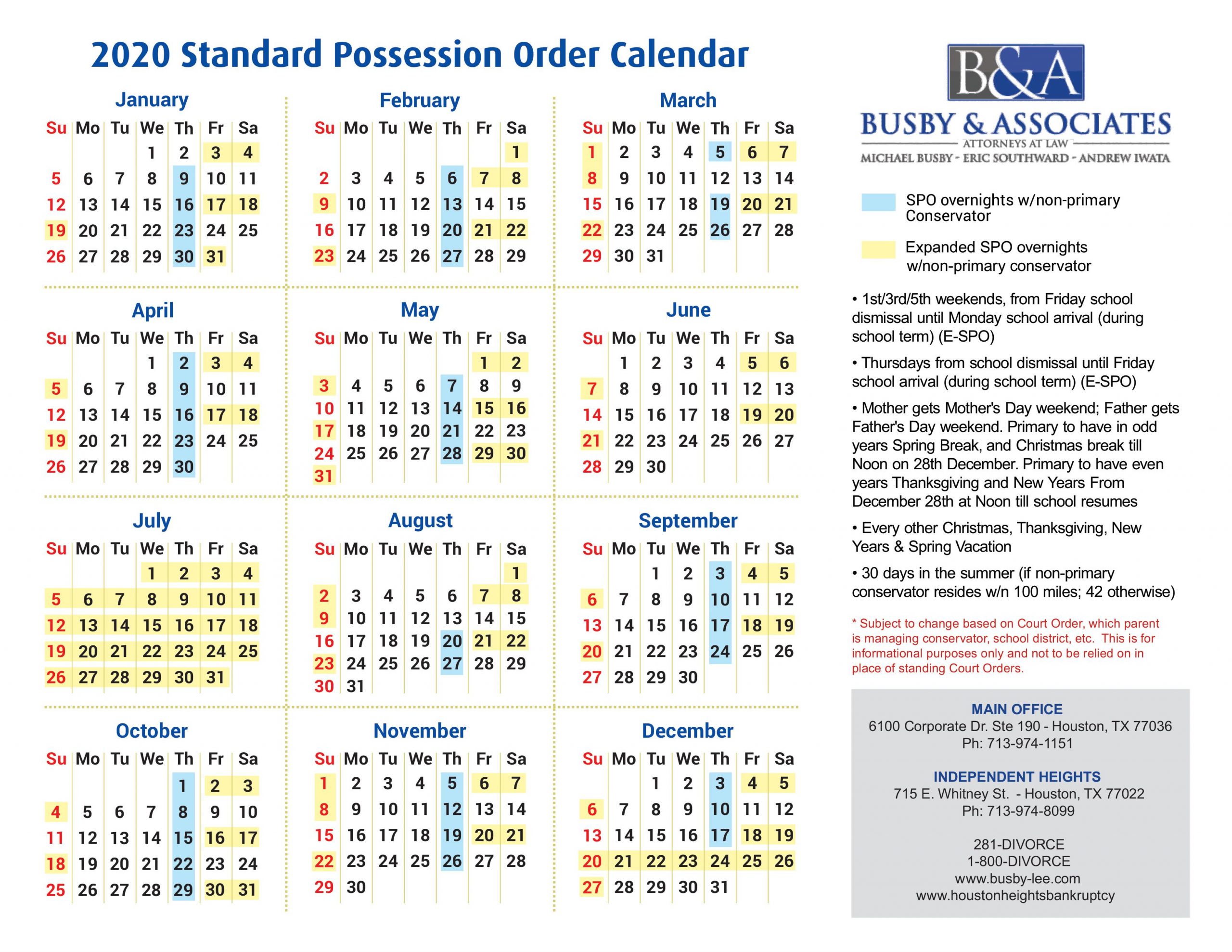 Texas Standard Possession Order Calendar 2022 2020 Standard Possession Order Texas - Houston Divorce Lawyer